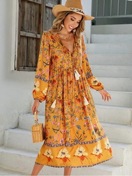 Dresses & Skirts - R. Vivimos Dijon Mustard Long Sleeve Floral Print Retro Tassel Bohemian Dress